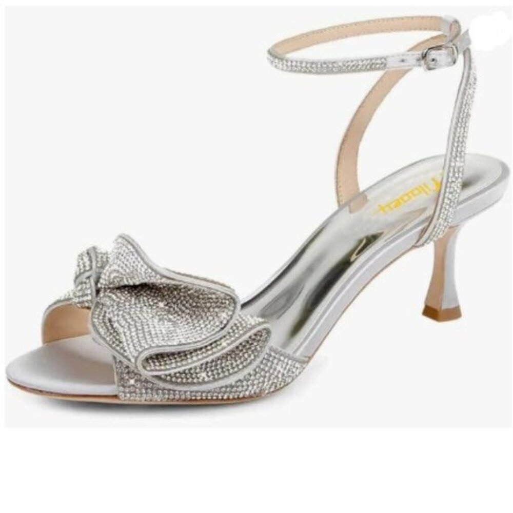 Milooey Silver Glitter Rhinestone Bow Heeled Sandal Crystal Ankle Strap Shoes